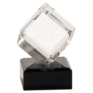 Clear Crystgal Cube on Black Pedestal Base